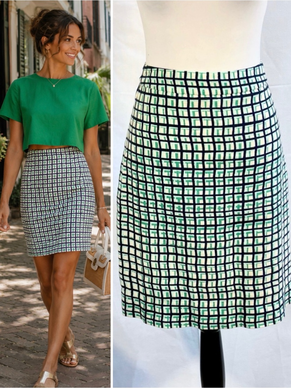♨️Kate Spade Judy Check Blue Green Pencil Skirt  Classic Preppy Size 8🧡